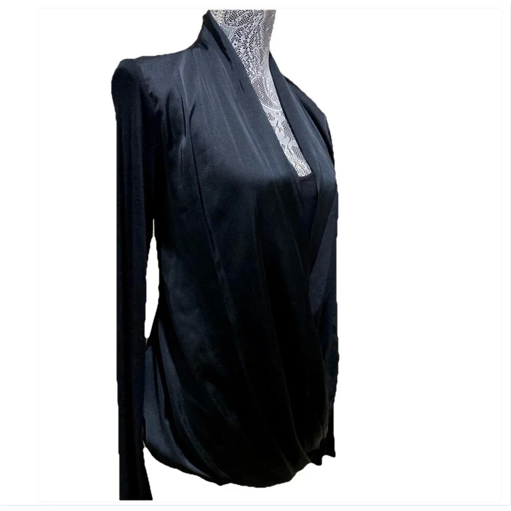 Michael Kors Women L Black Draped Crossover Blouse L/S Surplice Wrap Shirt Top